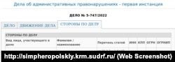 Информация о рассмотрении в суде протокола по статье 20.3.3 КоАП России в отношении крымчанина Саида Асанова, 4 октября 2022 года. Скриншот с сайта Симферопольского райсуда