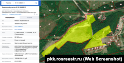 Участок для строительства коттеджей расположен на сельскохозяйственных землях и занимает часть леса. Скриншот публичной кадастровой карты России